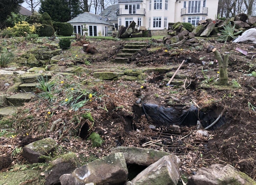 Redesigned sloped garden on Mereside Road, Knutsford, with new level changes and landscaping
